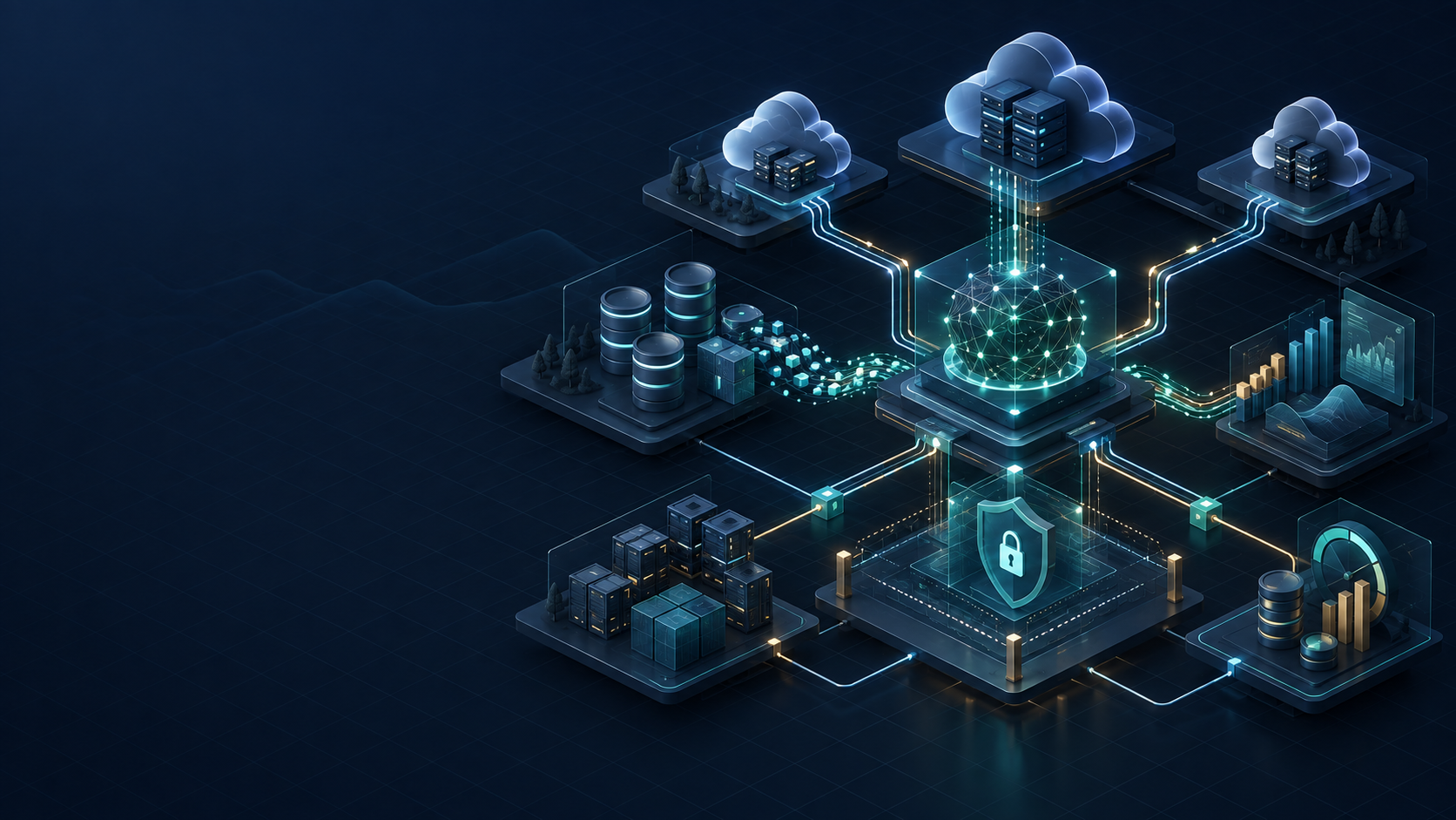 Abstract cloud architecture with AI, observability, governance, and data-flow signals